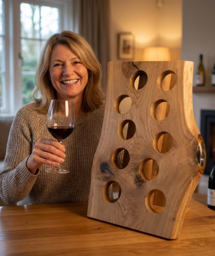 Lux – Weinregal aus Eiche mit Wildkante und Epoxidharz (Für 10 Flaschen)
