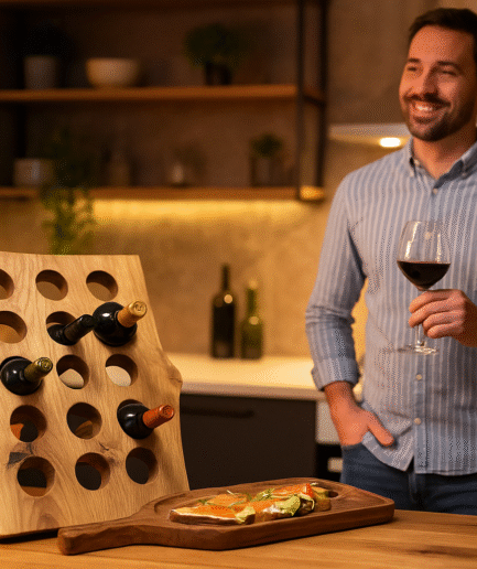 Lux - Weinregal aus Eiche mit Wildkante und Epoxidharz (Für 10 Flaschen) Lux – Weinregal aus Eiche mit Wildkante und Epoxidharz (Für 10 Flaschen)