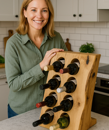 Lux - Weinregal aus Eiche mit Wildkante und Epoxidharz (Für 10 Flaschen) Luxus-Weinregal aus massivem Eichenholz – Ein Meisterwerk für Ihre Weinsammlung (Für 8 Flaschen)