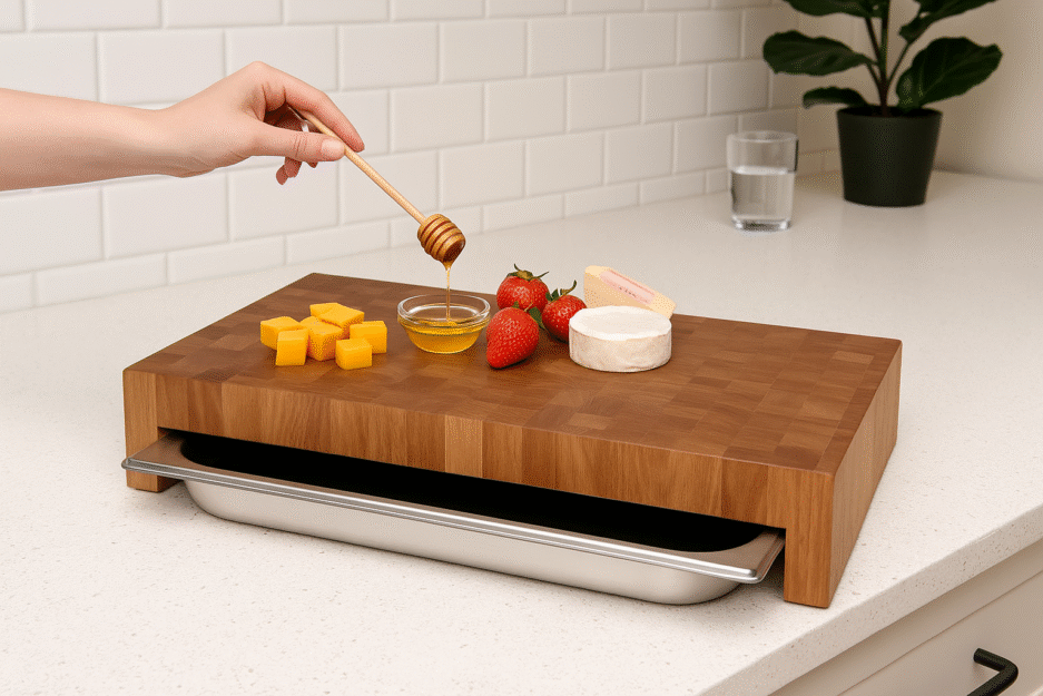 Tortendub-Schneidebrett mit 8-Liter-Gastro-Schublade 60x34 cm — Handgefertigt aus Eiche & Esche mit Leinöl-Schutz gegen Wasser, Schimmel & Flecken