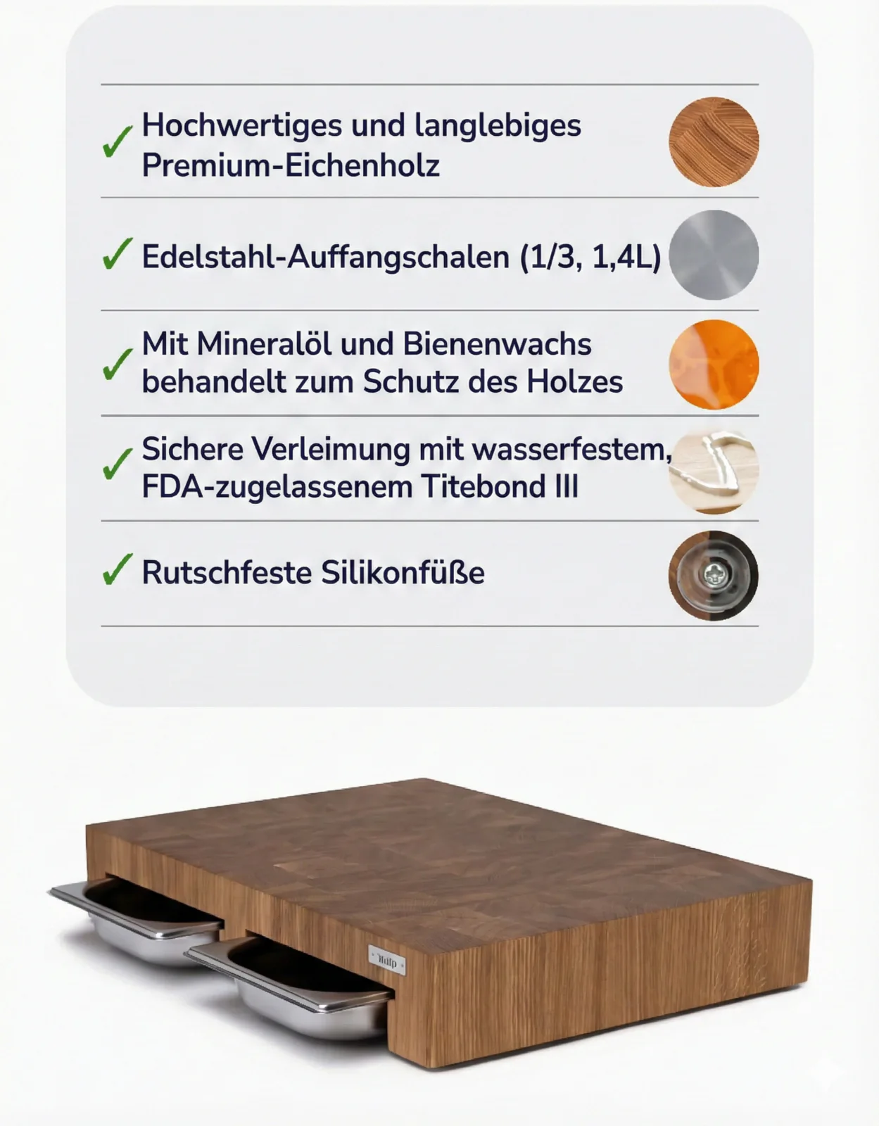 Stirnholz Schneidebrett aus Eiche mit Doppelter Auffangschale – Ihr Alleskönner für perfekt organisiertes Kochen Stirnholz Schneidebrett aus Eiche mit Doppelter Auffangschale – Ihr Alleskönner für perfekt organisiertes Kochen