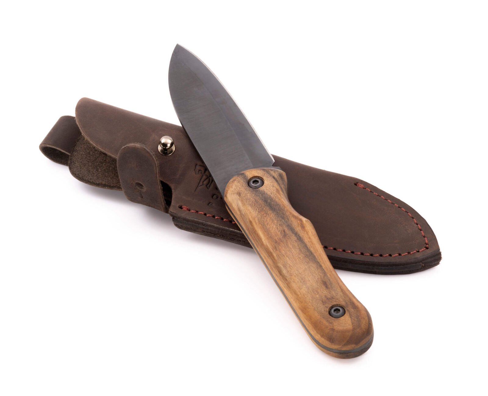 Bushcraft-Messer RK-5 — 9,5 cm brünierte Klinge aus Federstahl (65G), stabilisierter Nussbaumgriff, Lederscheide Bushcraft-Messer RK-5 — 9,5 cm brünierte Klinge aus Federstahl (65G), stabilisierter Nussbaumgriff, Lederscheide
