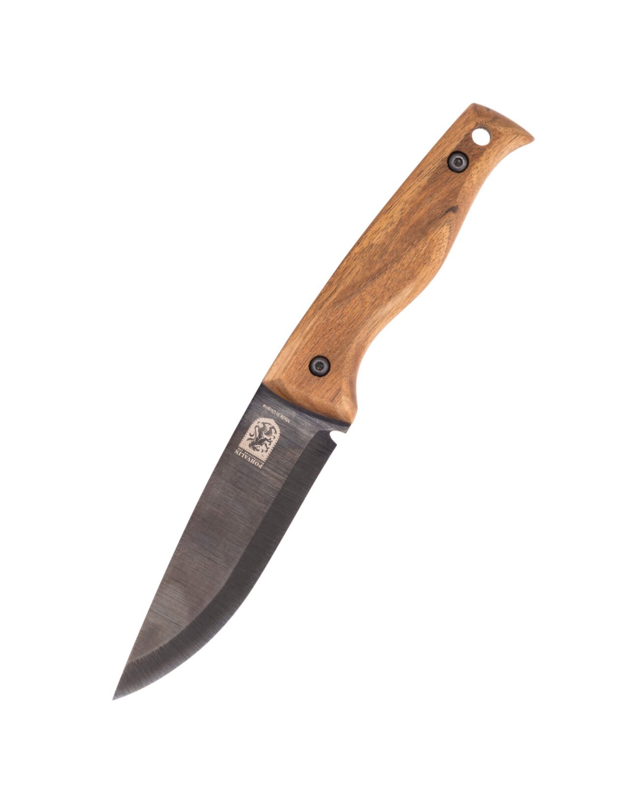 Handgeschmiedetes Bushcraft-Messer RK-3 — geschwärzte Klinge aus 65G-Kohlenstoffstahl, stabilisierter Nussbaumgriff, Lederscheide Handgeschmiedetes Bushcraft-Messer RK-3 — geschwärzte Klinge aus 65G-Kohlenstoffstahl, stabilisierter Nussbaumgriff, Lederscheide
