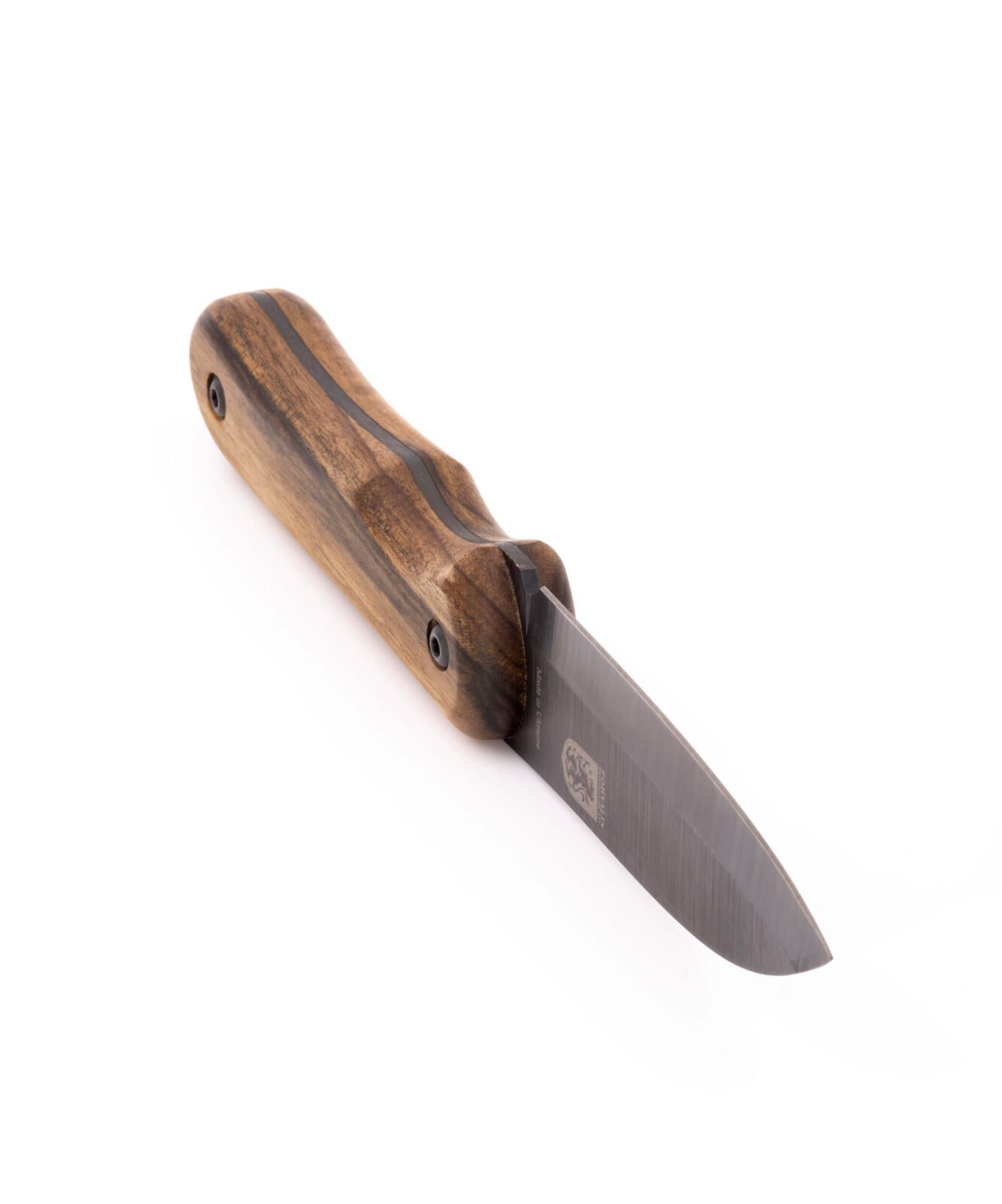 Bushcraft-Messer RK-5 — 9,5 cm brünierte Klinge aus Federstahl (65G), stabilisierter Nussbaumgriff, Lederscheide Bushcraft-Messer RK-5 — 9,5 cm brünierte Klinge aus Federstahl (65G), stabilisierter Nussbaumgriff, Lederscheide