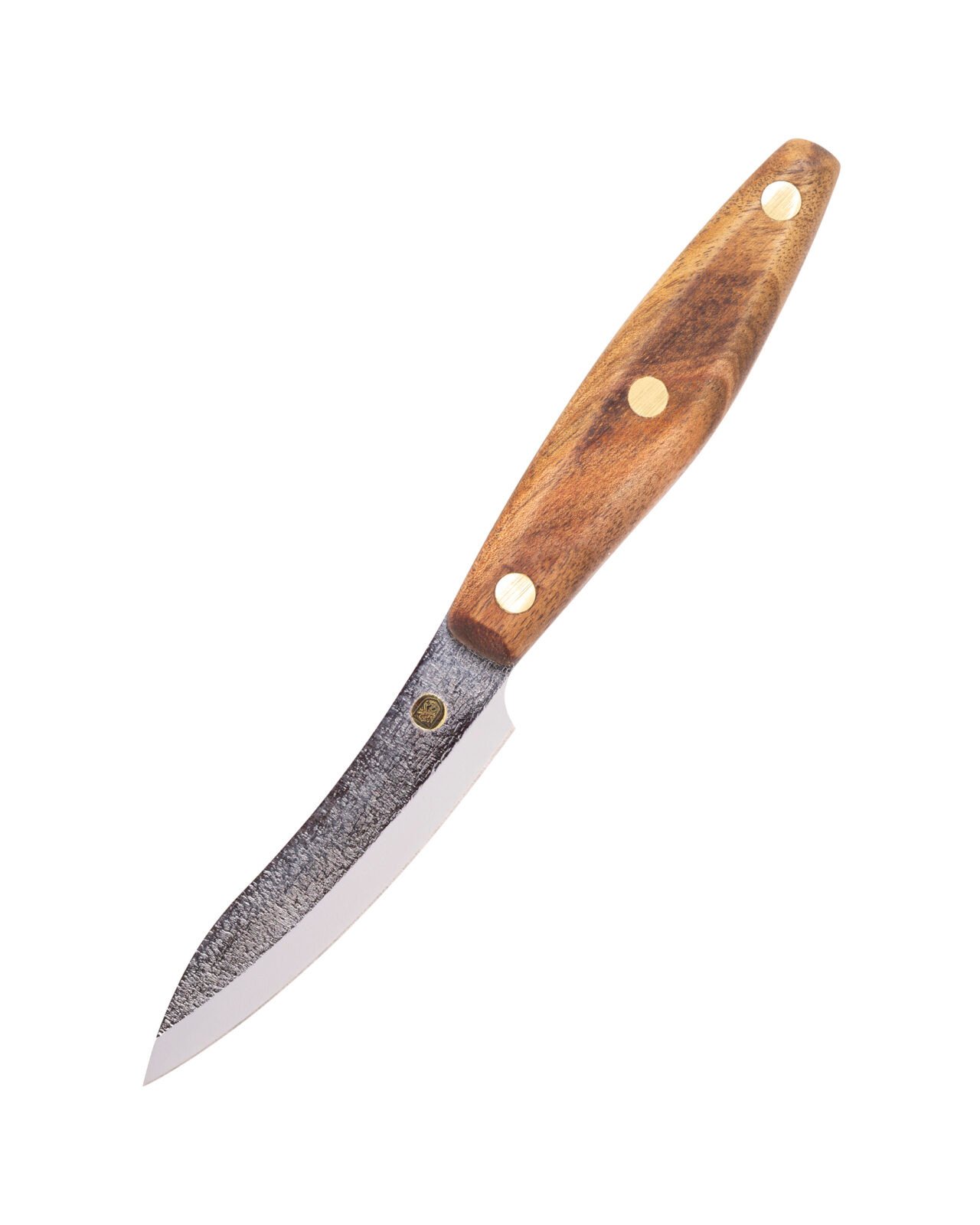 Küchenmesser S1 — 10 cm Klinge aus Kohlenstoffstahl (X12MF), Nussbaumgriff, handgefertigt Küchenmesser S1 — 10 cm Klinge aus Kohlenstoffstahl (X12MF), Nussbaumgriff, handgefertigt