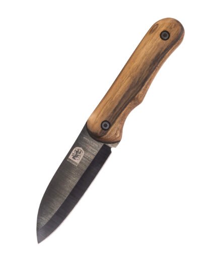 Bushcraft-Messer RK-5 — 9,5 cm brünierte Klinge aus Federstahl (65G), stabilisierter Nussbaumgriff, Lederscheide