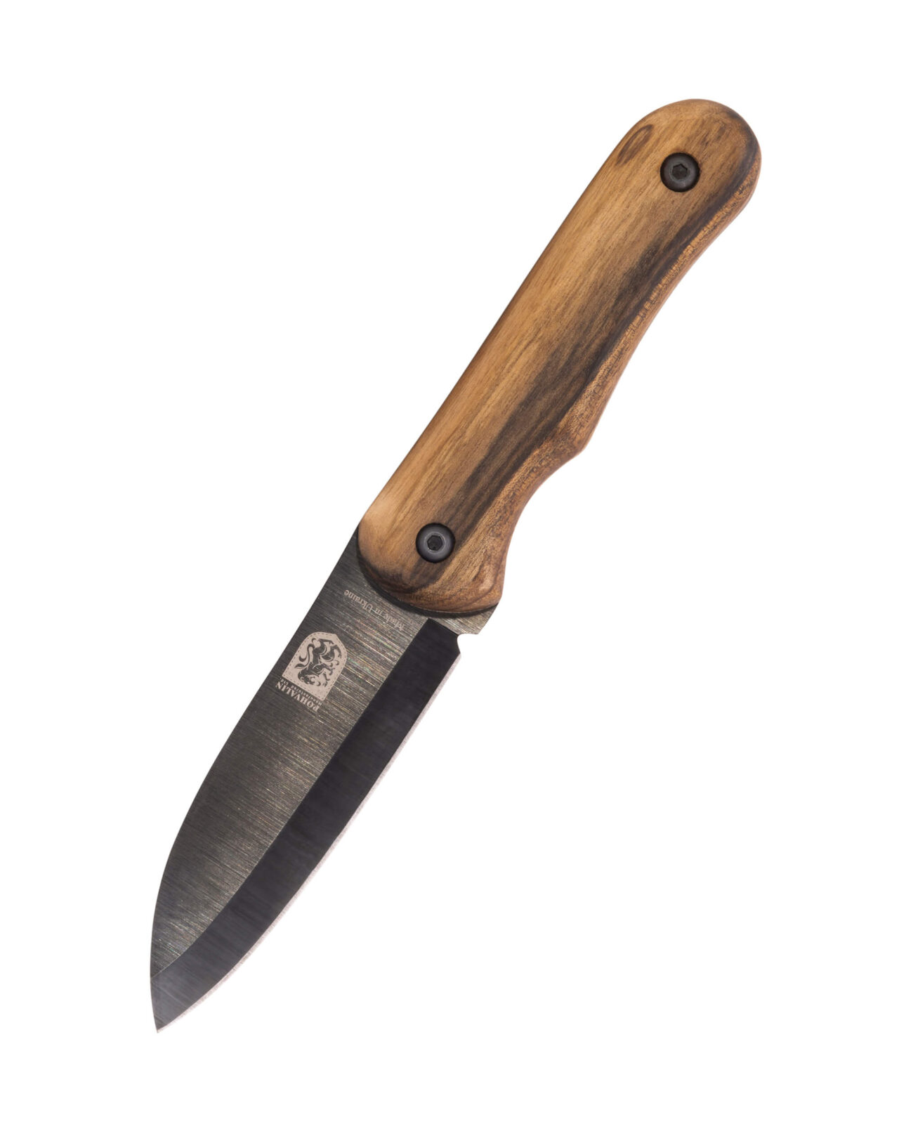 Bushcraft-Messer RK-5 — 9,5 cm brünierte Klinge aus Federstahl (65G), stabilisierter Nussbaumgriff, Lederscheide Bushcraft-Messer RK-5 — 9,5 cm brünierte Klinge aus Federstahl (65G), stabilisierter Nussbaumgriff, Lederscheide