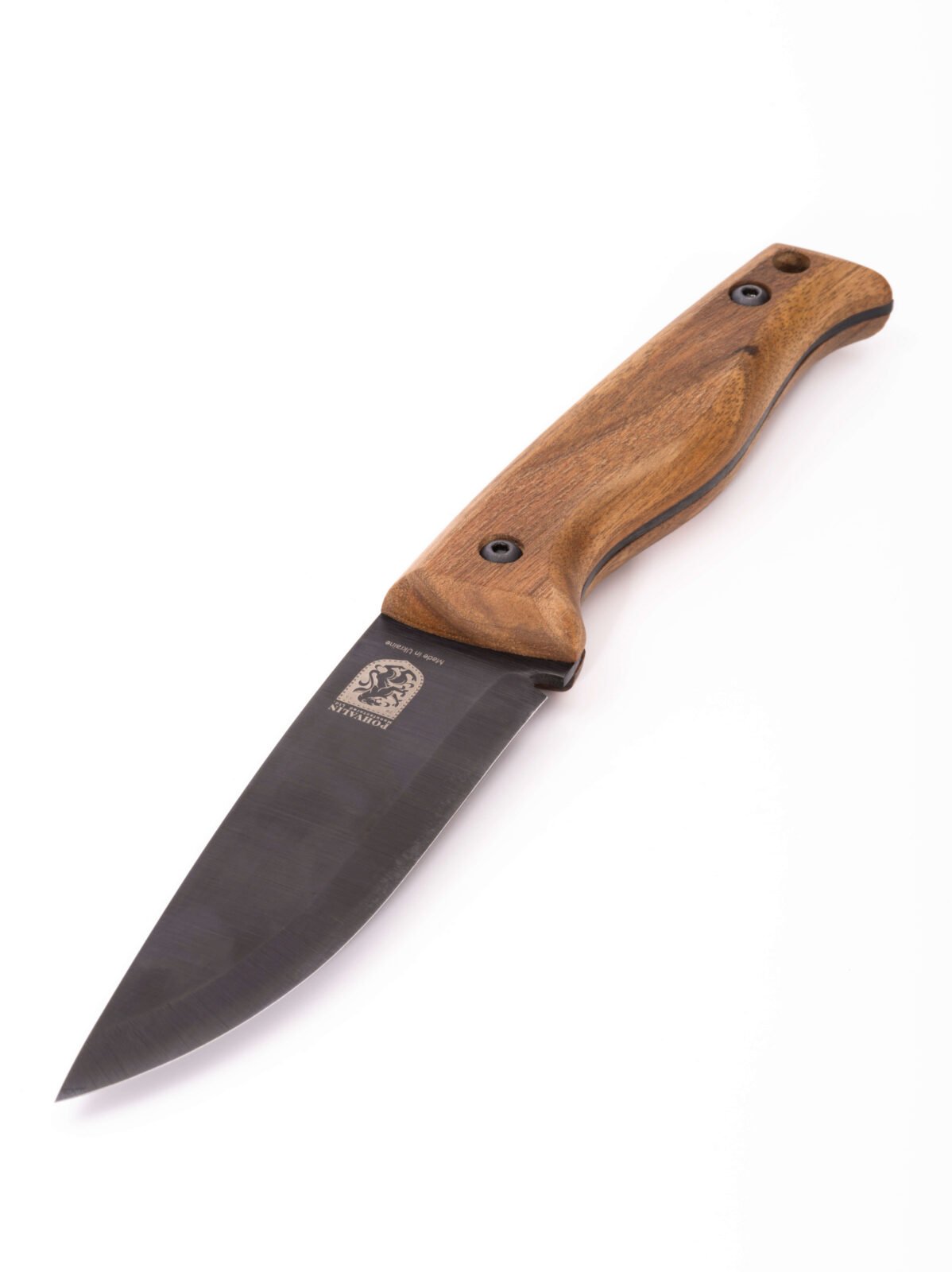Handgeschmiedetes Bushcraft-Messer RK-3 — geschwärzte Klinge aus 65G-Kohlenstoffstahl, stabilisierter Nussbaumgriff, Lederscheide Handgeschmiedetes Bushcraft-Messer RK-3 — geschwärzte Klinge aus 65G-Kohlenstoffstahl, stabilisierter Nussbaumgriff, Lederscheide