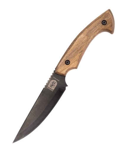 Handgeschmiedetes Bushcraft-Messer RK-6 mit gebogenem Griff — geschwärzte Klinge aus 65G-Kohlenstoffstahl, stabilisierter Nussbaumgriff, Lederscheide