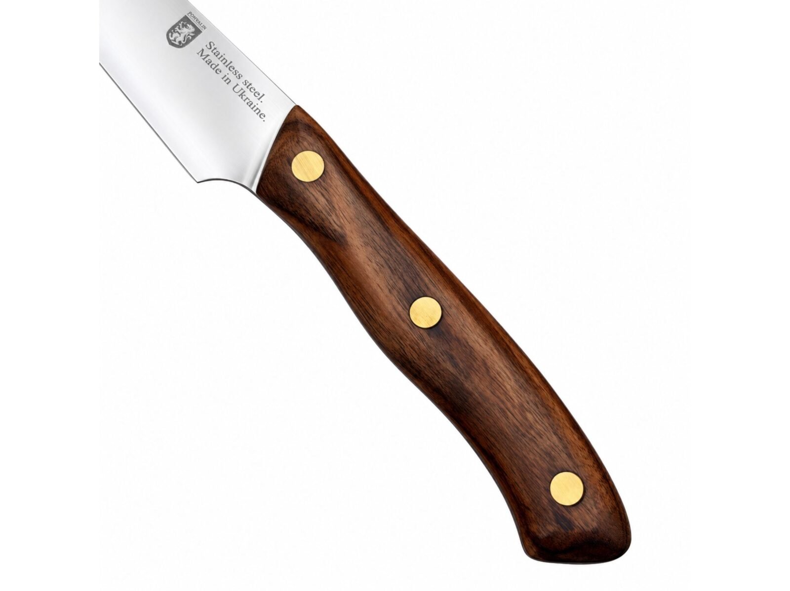 Filetiermesser F1 – flexible 14 cm Klinge aus rostfreiem Stahl, Griff aus dunklem Nussbaum Klinge des Filetiermessers F1 mit Herstellerzeichen, Griffansatz mit Messingniete