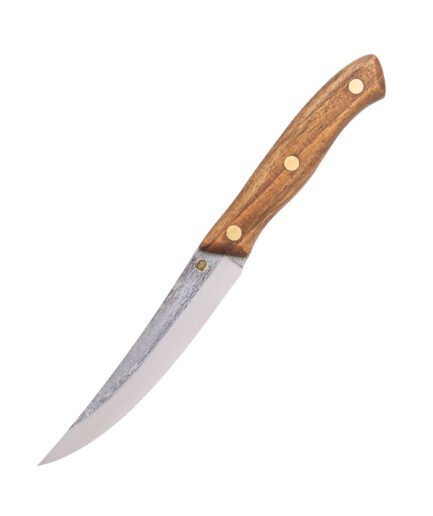 Handgeschmiedetes Küchenmesser M1 — schmale 14 cm Klinge aus X12MF-Carbonstahl, Griff aus massivem Nussbaum