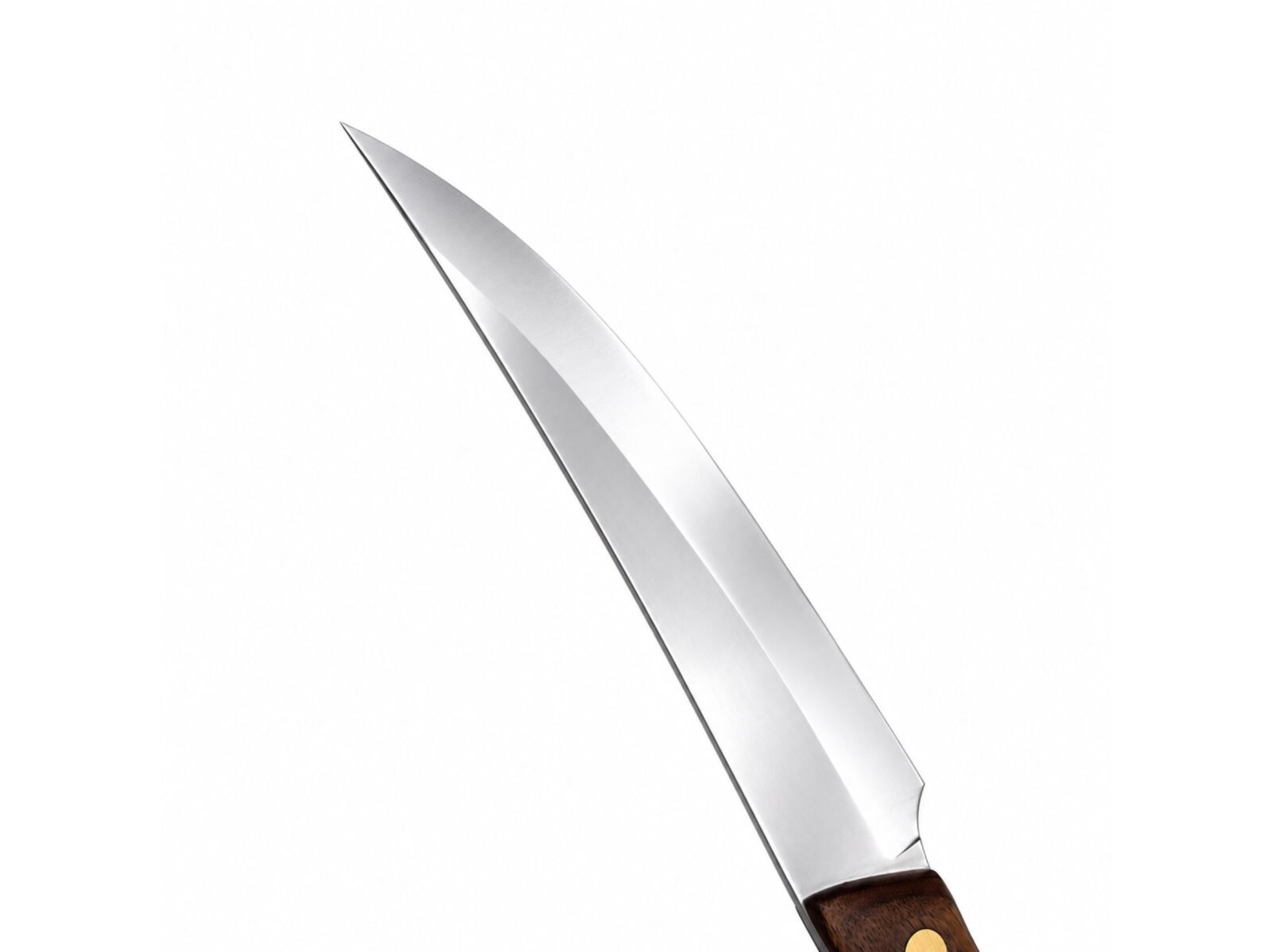 Filetiermesser F1 – flexible 14 cm Klinge aus rostfreiem Stahl, Griff aus dunklem Nussbaum Klingenansatz und Nussbaumgriff des Filetiermessers F1, Detail