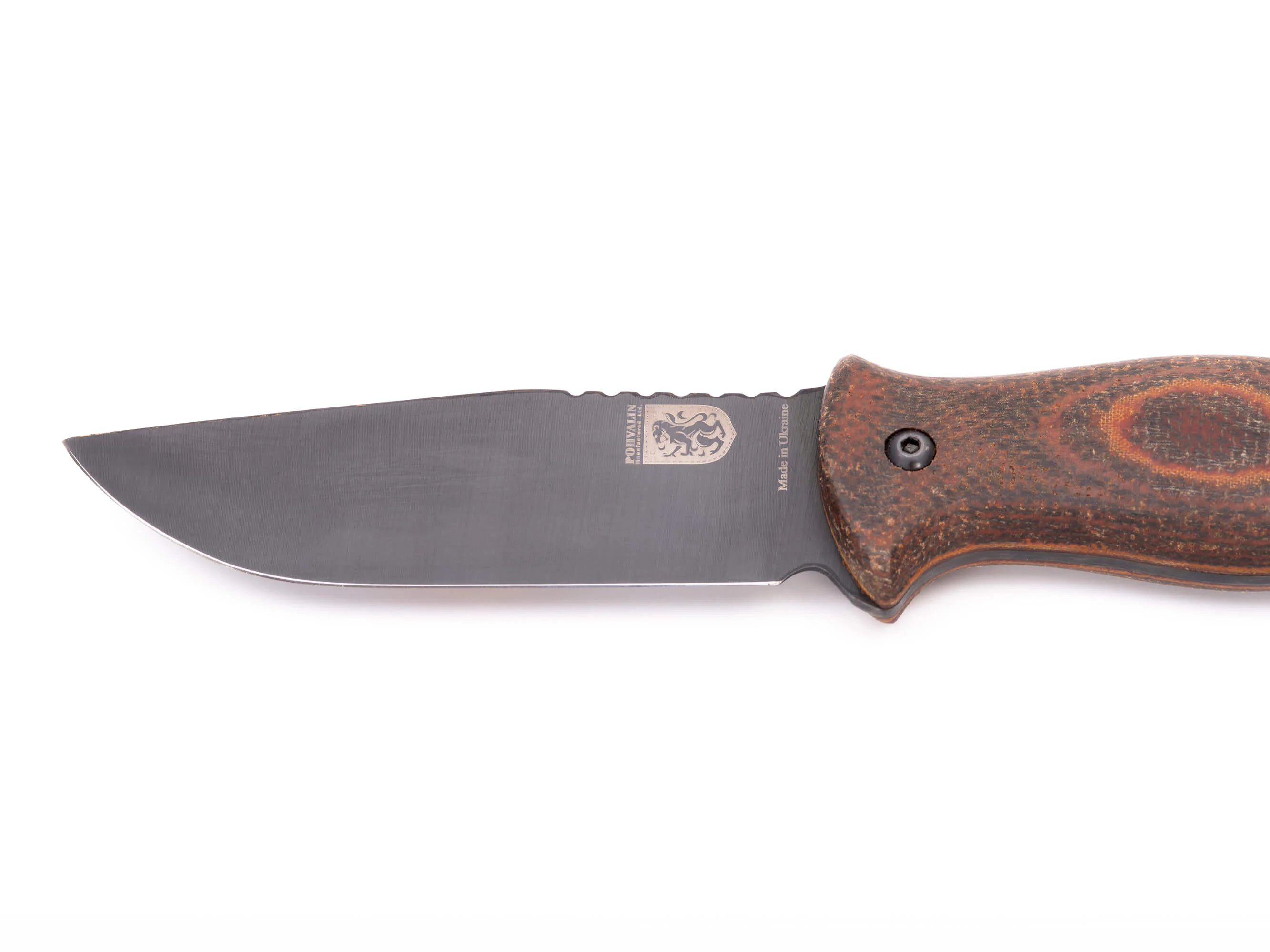 Handgeschmiedetes Bushcraft-Messer RK-8 mit Textolit-Griff — geschwärzte Klinge aus 65G-Kohlenstoffstahl, Lederscheide Handgeschmiedetes Bushcraft-Messer RK-8 mit Textolit-Griff — geschwärzte Klinge aus 65G-Kohlenstoffstahl, Lederscheide