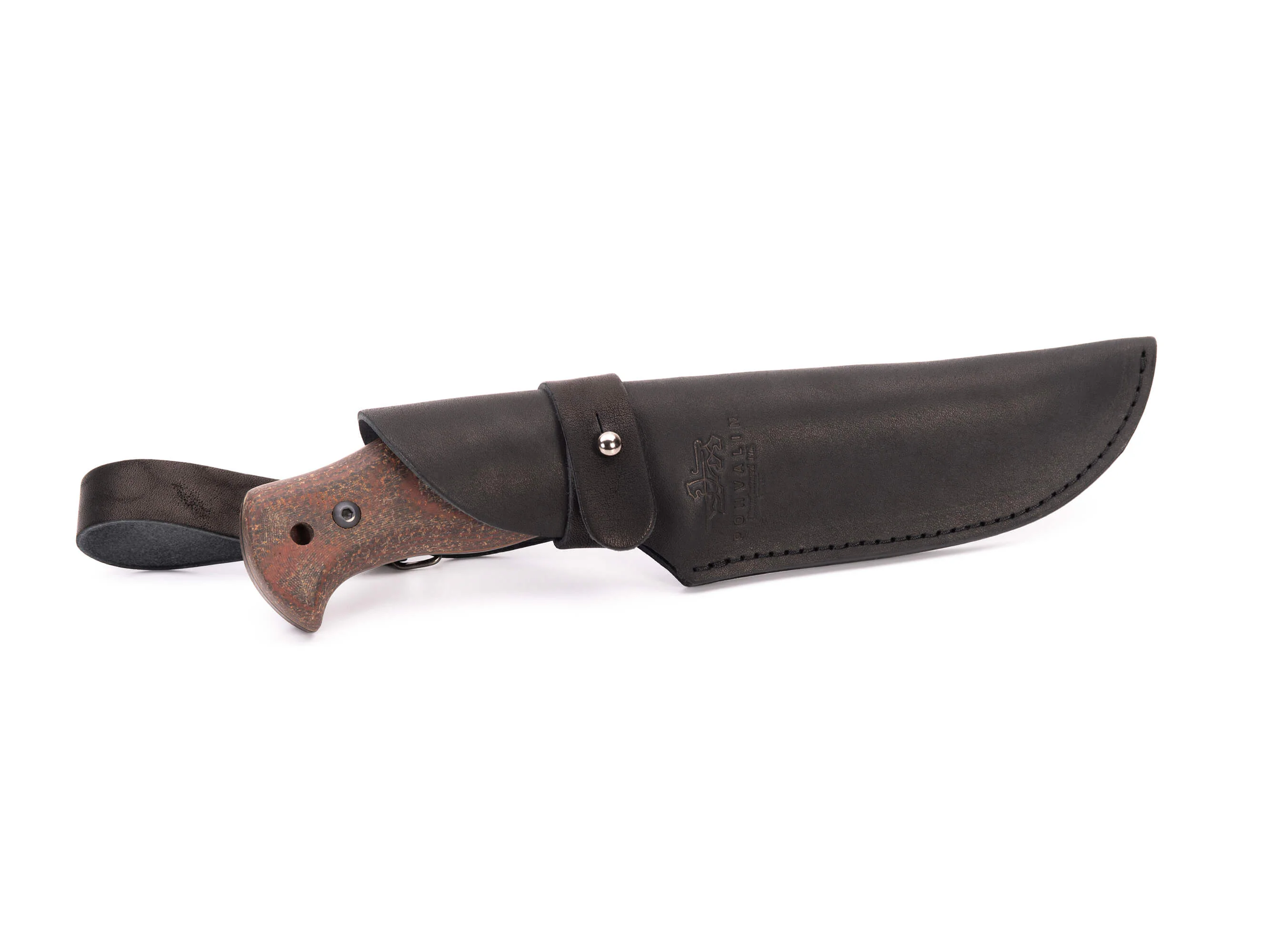 Handgeschmiedetes Bushcraft-Messer RK-8 mit Textolit-Griff — geschwärzte Klinge aus 65G-Kohlenstoffstahl, Lederscheide Handgeschmiedetes Bushcraft-Messer RK-8 mit Textolit-Griff — geschwärzte Klinge aus 65G-Kohlenstoffstahl, Lederscheide