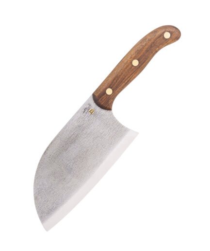 Handgeschmiedetes Serbisches Kochmesser — 17 cm breite Klinge aus X12MF-Carbonstahl, Griff aus massivem Nussbaum