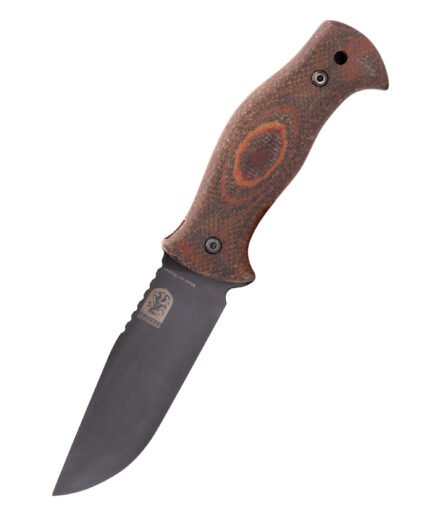 Handgeschmiedetes Bushcraft-Messer RK-8 mit Textolit-Griff — geschwärzte Klinge aus 65G-Kohlenstoffstahl, Lederscheide Handgeschmiedetes Bushcraft-Messer RK-8 mit Textolit-Griff — geschwärzte Klinge aus 65G-Kohlenstoffstahl, Lederscheide