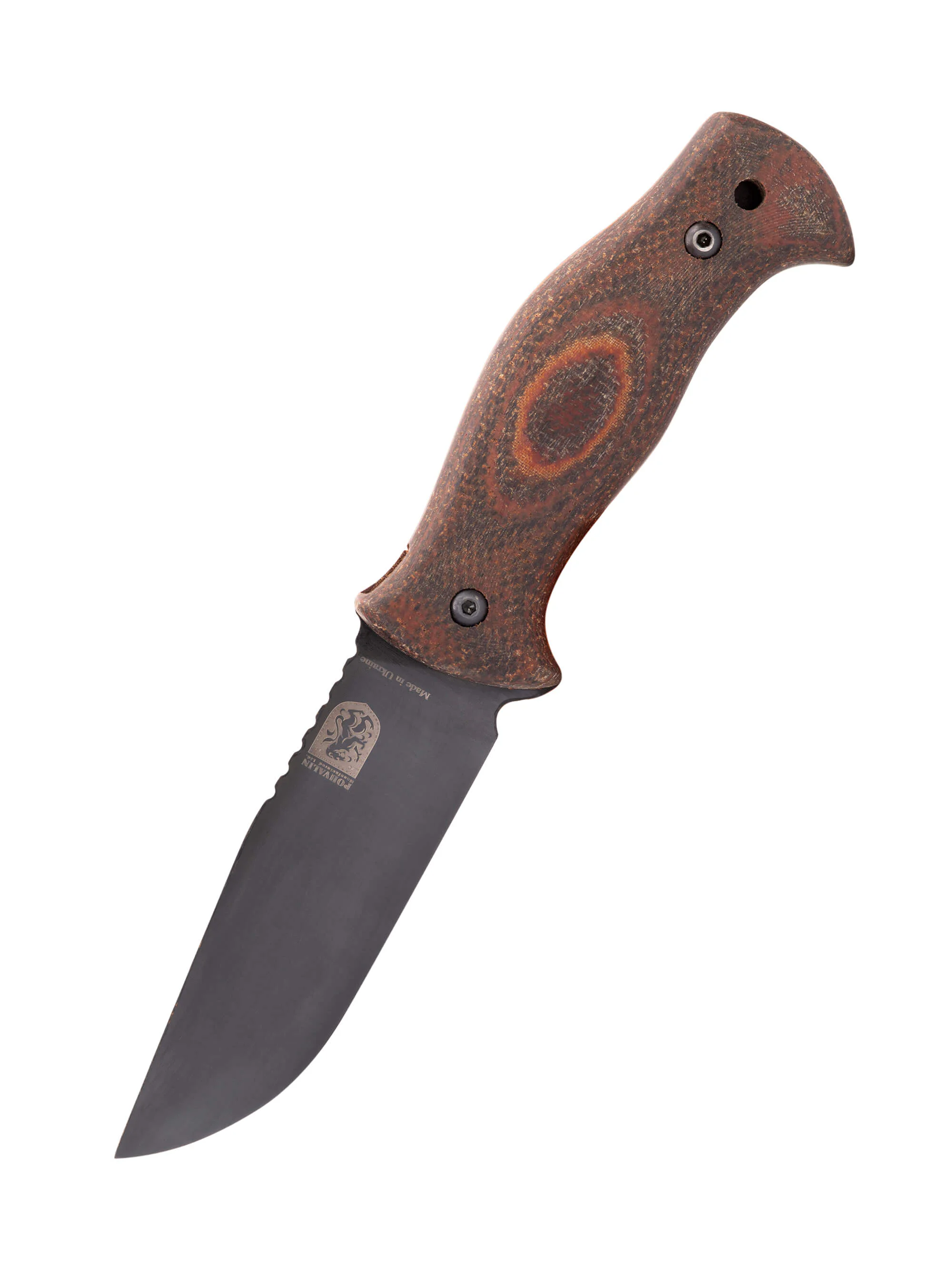 Handgeschmiedetes Bushcraft-Messer RK-8 mit Textolit-Griff — geschwärzte Klinge aus 65G-Kohlenstoffstahl, Lederscheide Handgeschmiedetes Bushcraft-Messer RK-8 mit Textolit-Griff — geschwärzte Klinge aus 65G-Kohlenstoffstahl, Lederscheide
