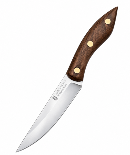 Gemüsemesser R2 – rostfreie 11,5 cm Klinge, Griff aus dunklem Nussbaum Herstellerlogo und Lasergravur auf der polierten Edelstahlklinge des R2