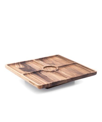 Drehbare Servierplatte aus massivem Nussbaum — Ø 35,5 cm, mit Sektionen für Antipasti, Käse & Dips